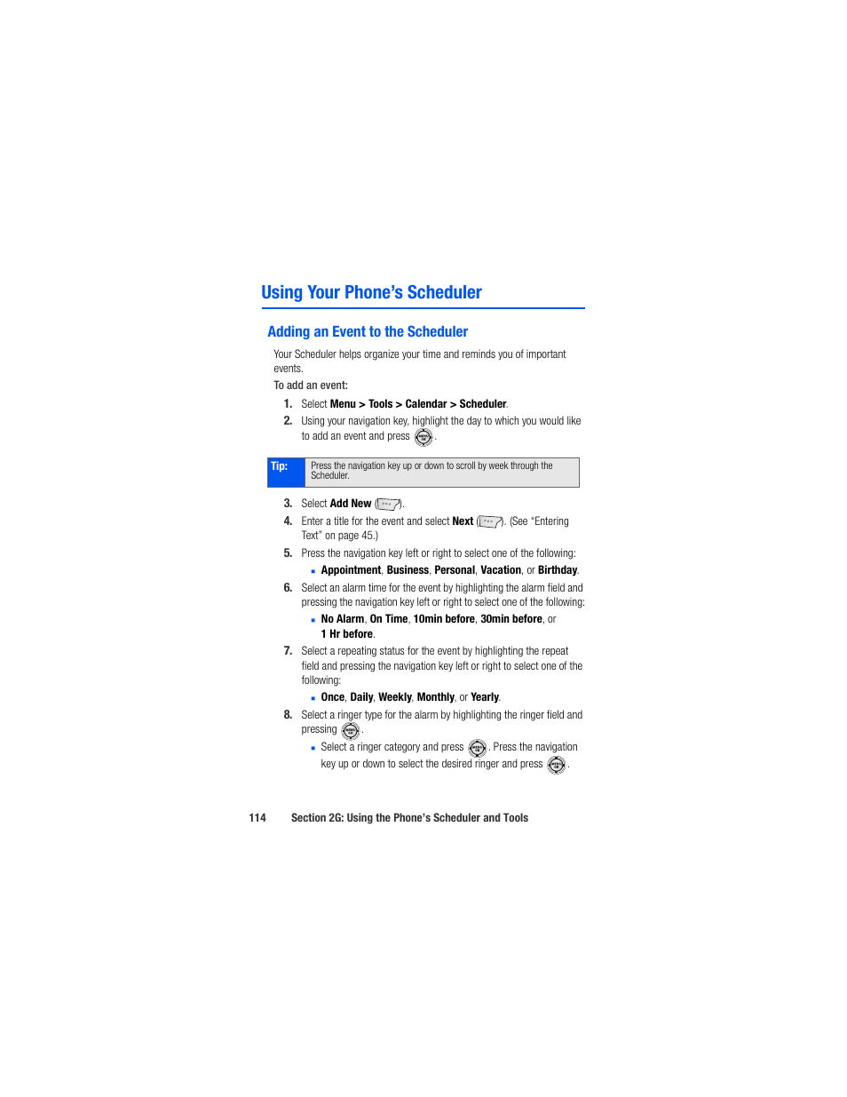 Using your phone’s scheduler, Adding an event to the scheduler | Samsung SPH-M520ZSAQST User Manual | Page 140 / 287
