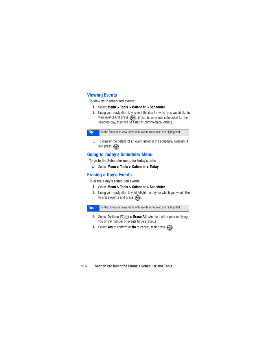 Viewing events, Going to today’s scheduler menu, Erasing a day’s events | Samsung SPH-M520ZSAQST User Manual | Page 142 / 287