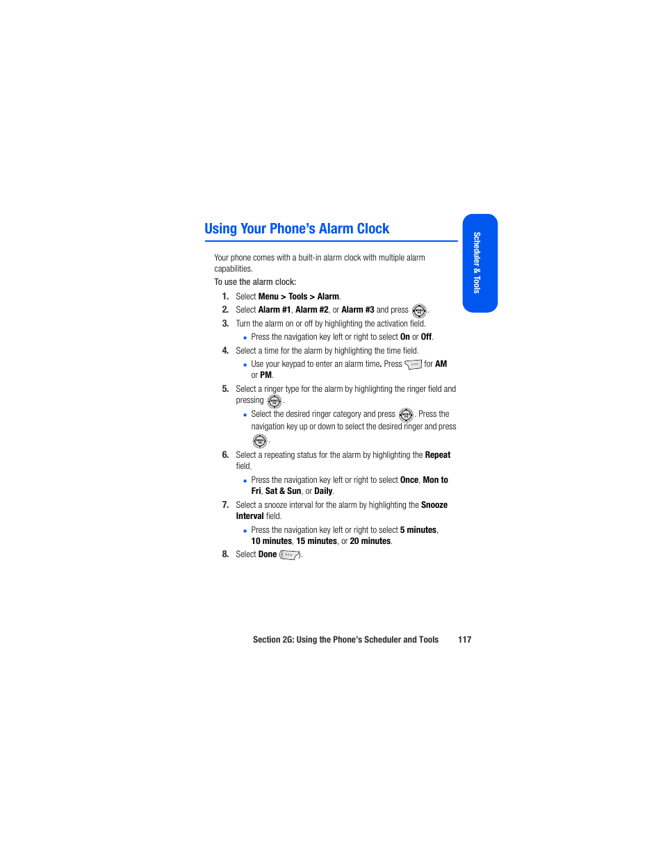 Using your phone’s alarm clock | Samsung SPH-M520ZSAQST User Manual | Page 143 / 287