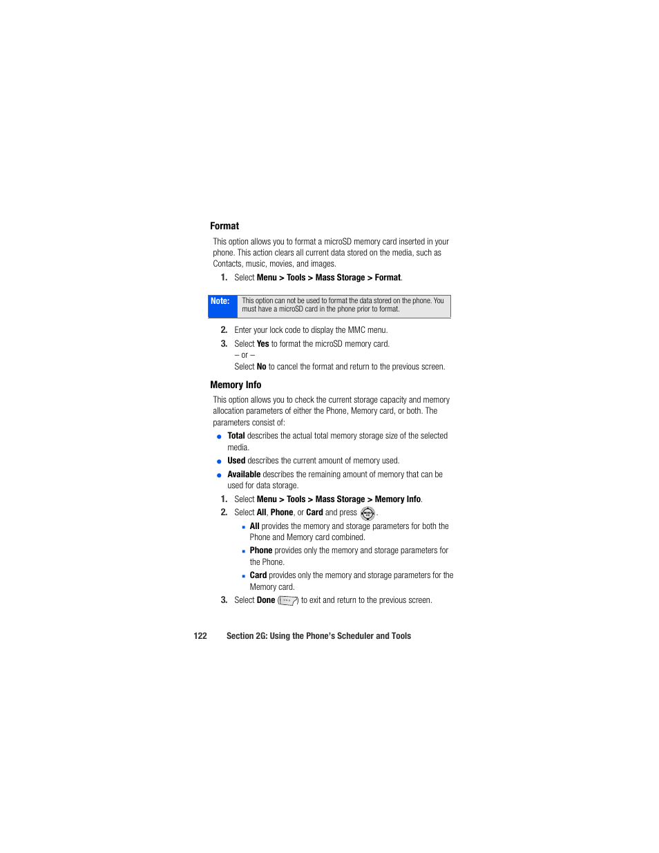 Format, Memory info | Samsung SPH-M520ZSAQST User Manual | Page 148 / 287