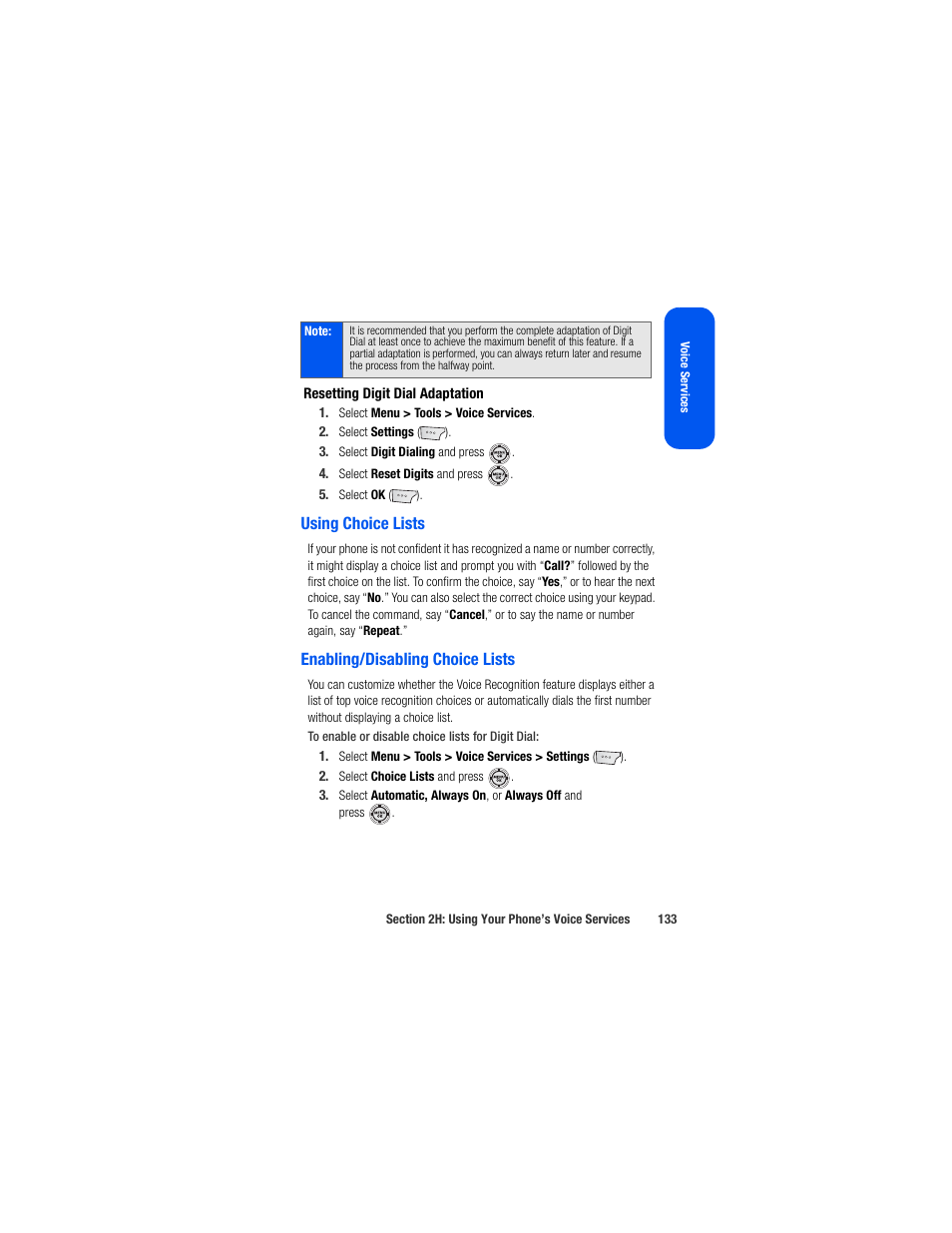 Resetting digit dial adaptation, Using choice lists, Enabling/disabling choice lists | Samsung SPH-M520ZSAQST User Manual | Page 159 / 287