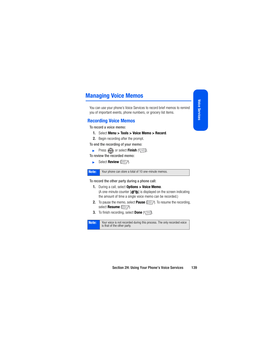 Managing voice memos, Recording voice memos | Samsung SPH-M520ZSAQST User Manual | Page 165 / 287