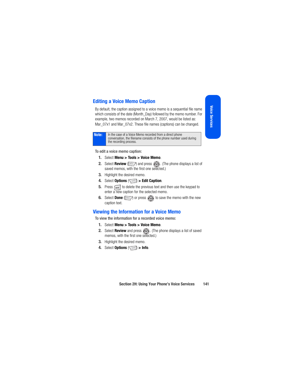 Editing a voice memo caption, Viewing the information for a voice memo | Samsung SPH-M520ZSAQST User Manual | Page 167 / 287