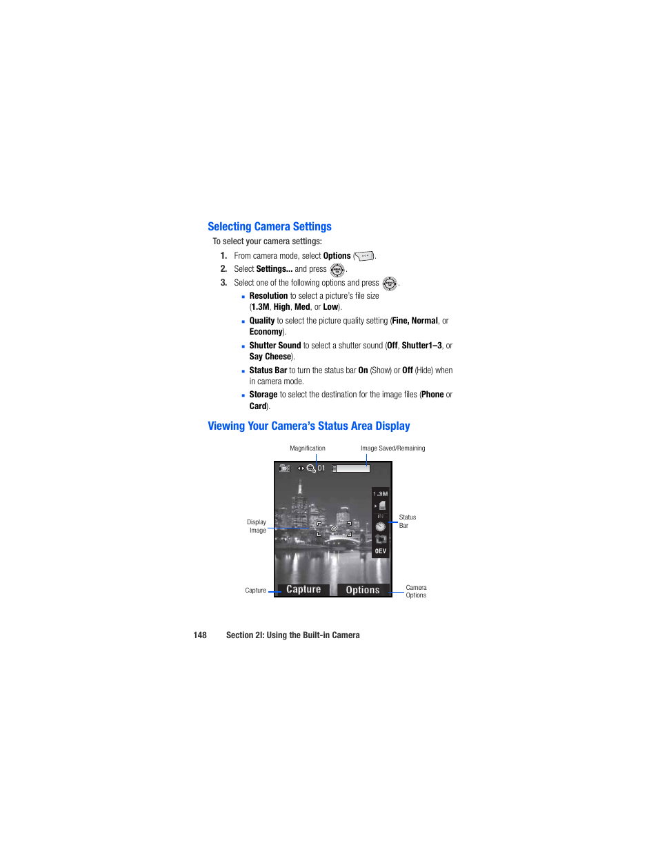 Selecting camera settings, Viewing your camera’s status area display | Samsung SPH-M520ZSAQST User Manual | Page 174 / 287