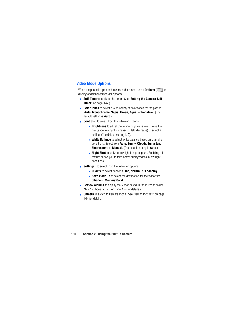 Video mode options | Samsung SPH-M520ZSAQST User Manual | Page 176 / 287