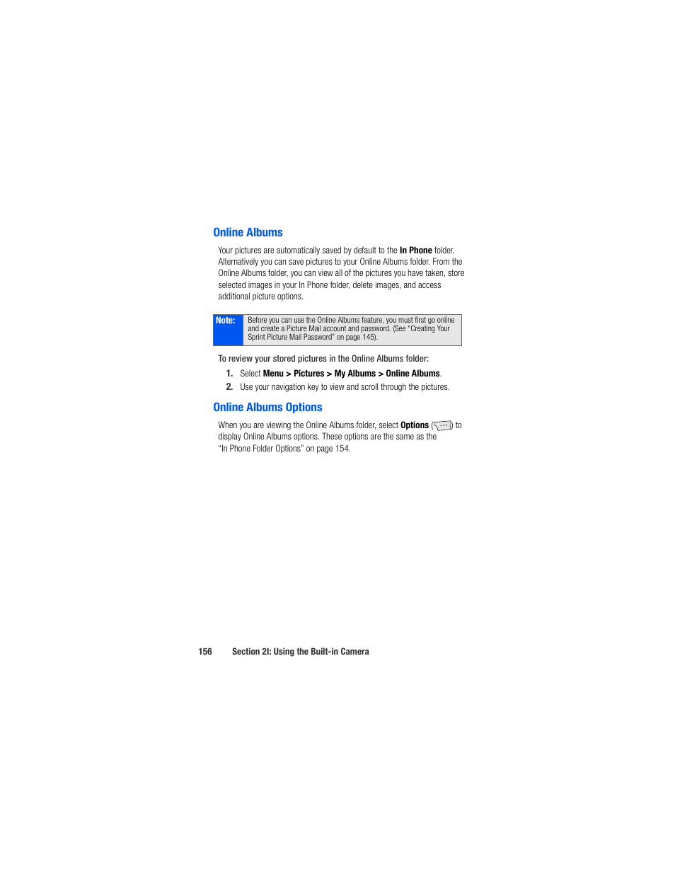 Online albums, Online albums options | Samsung SPH-M520ZSAQST User Manual | Page 182 / 287