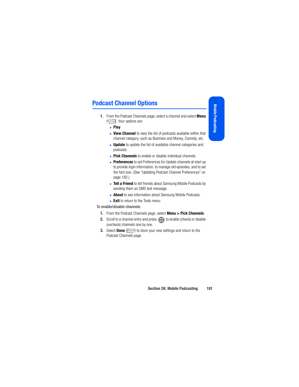 Podcast channel options | Samsung SPH-M520ZSAQST User Manual | Page 207 / 287