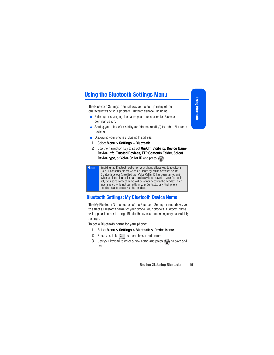 Using the bluetooth settings menu, Bluetooth settings: my bluetooth device name | Samsung SPH-M520ZSAQST User Manual | Page 217 / 287