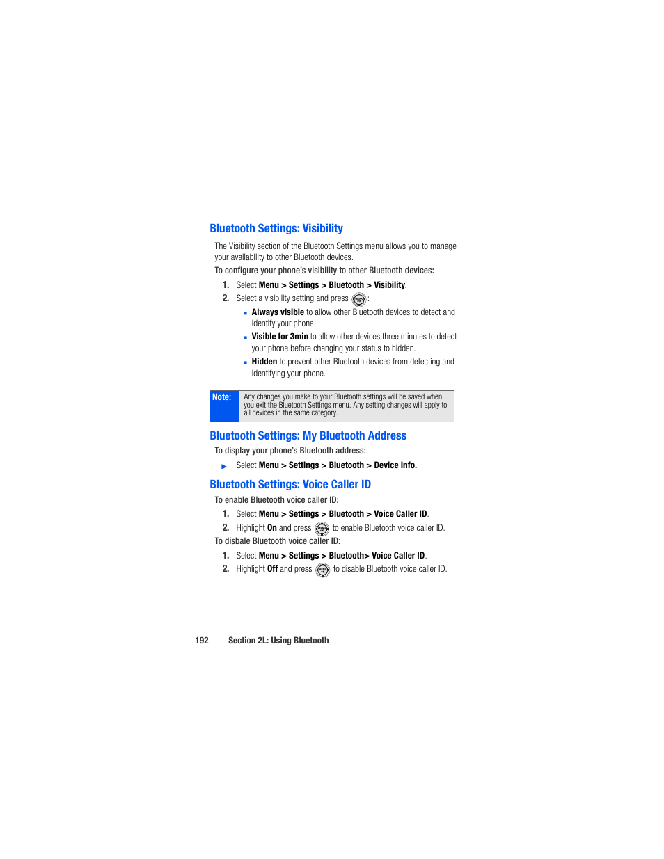 Bluetooth settings: visibility, Bluetooth settings: my bluetooth address, Bluetooth settings: voice caller id | Samsung SPH-M520ZSAQST User Manual | Page 218 / 287