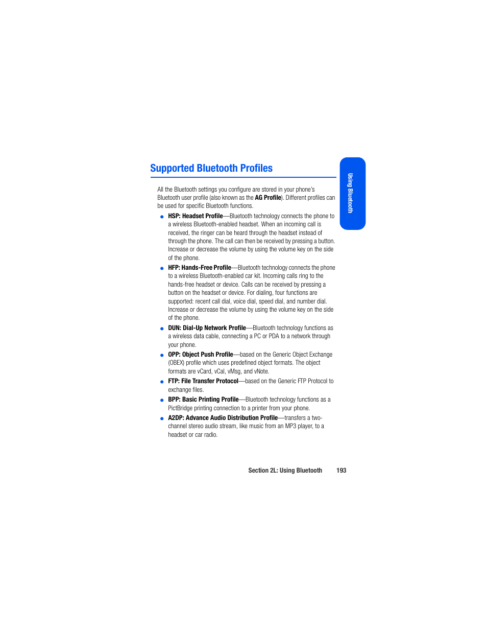 Supported bluetooth profiles | Samsung SPH-M520ZSAQST User Manual | Page 219 / 287