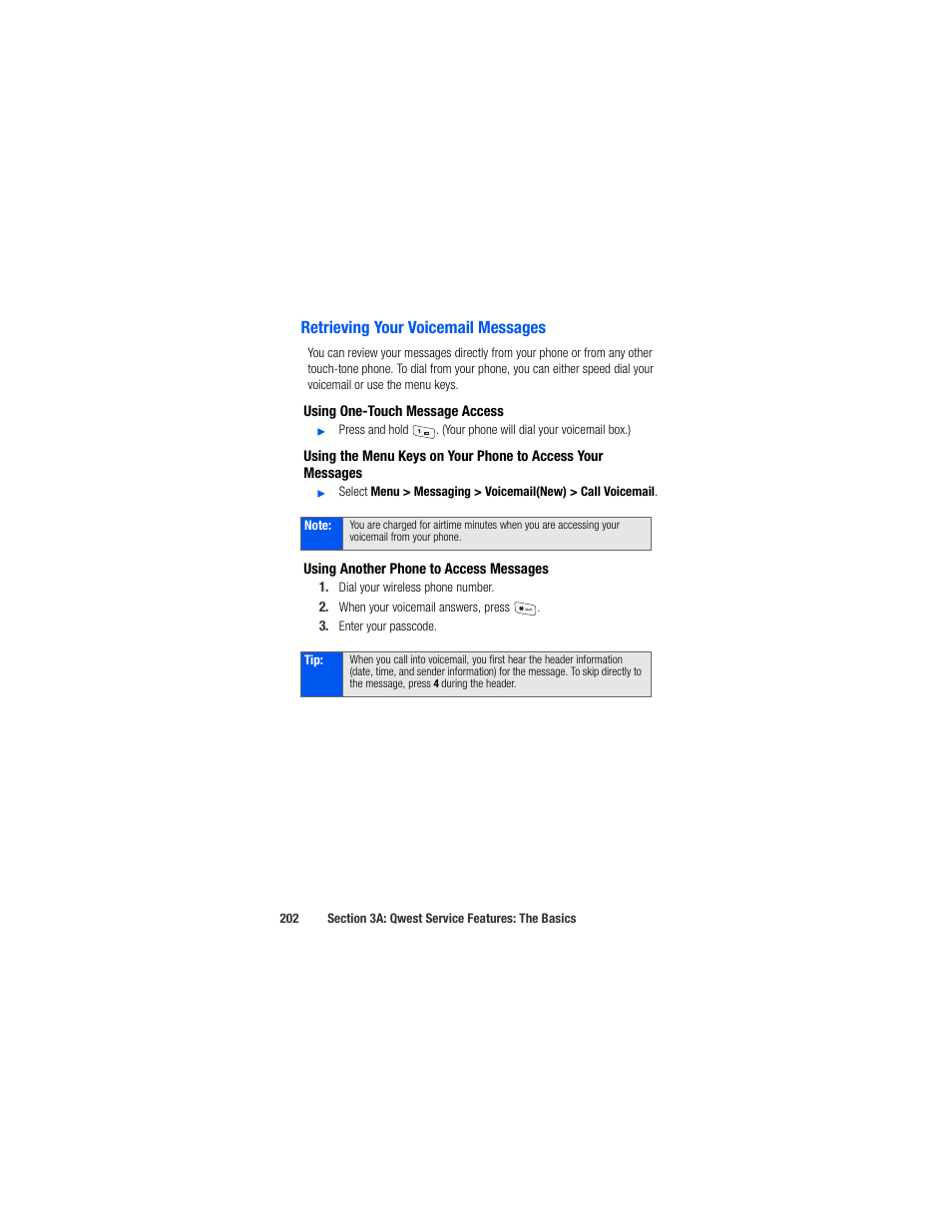 Retrieving your voicemail messages, Using one-touch message access, Using another phone to access messages | Samsung SPH-M520ZSAQST User Manual | Page 228 / 287