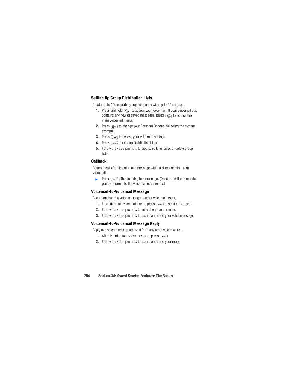 Setting up group distribution lists, Callback, Voicemail-to-voicemail message | Voicemail-to-voicemail message reply | Samsung SPH-M520ZSAQST User Manual | Page 230 / 287