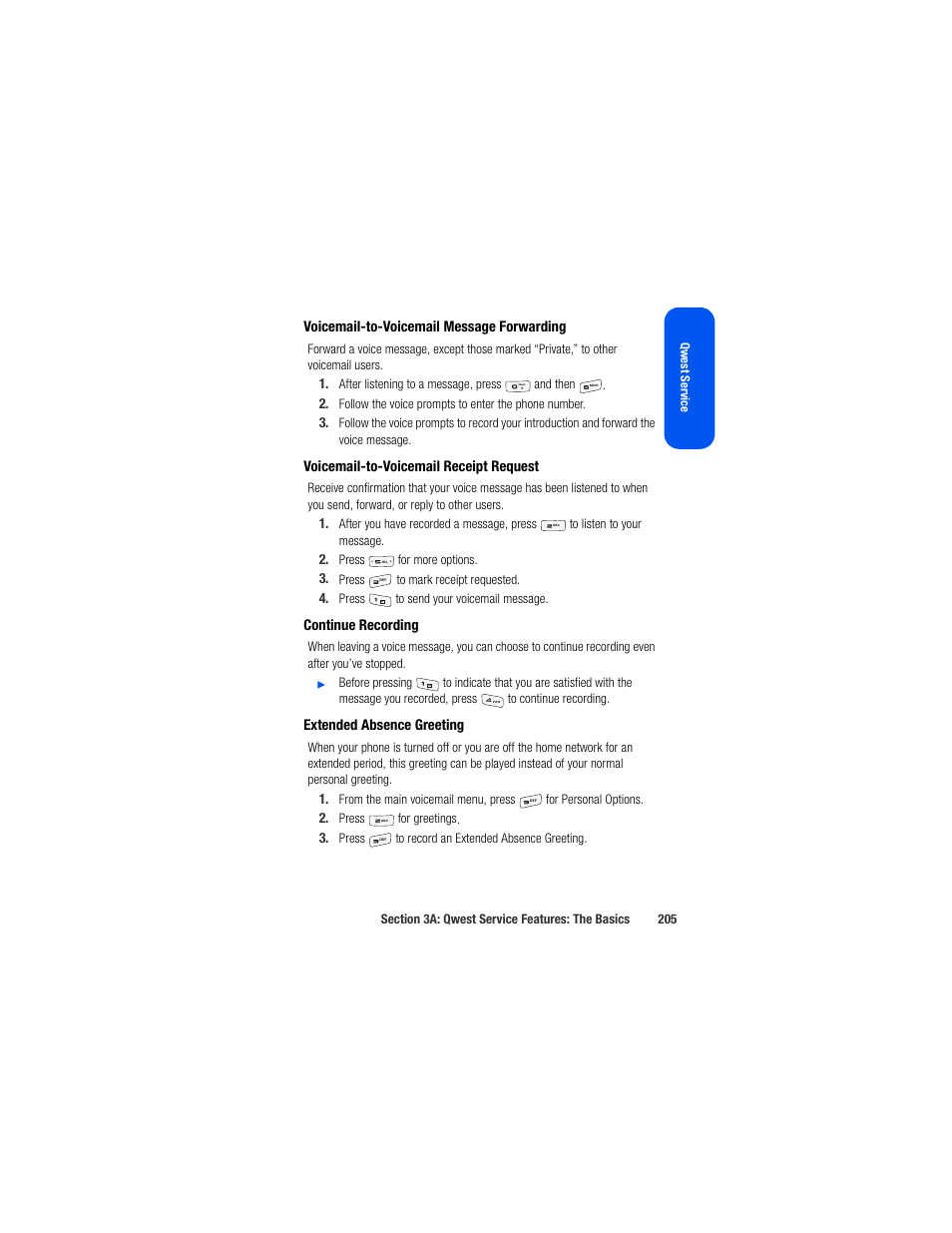 Voicemail-to-voicemail message forwarding, Voicemail-to-voicemail receipt request, Continue recording | Extended absence greeting | Samsung SPH-M520ZSAQST User Manual | Page 231 / 287