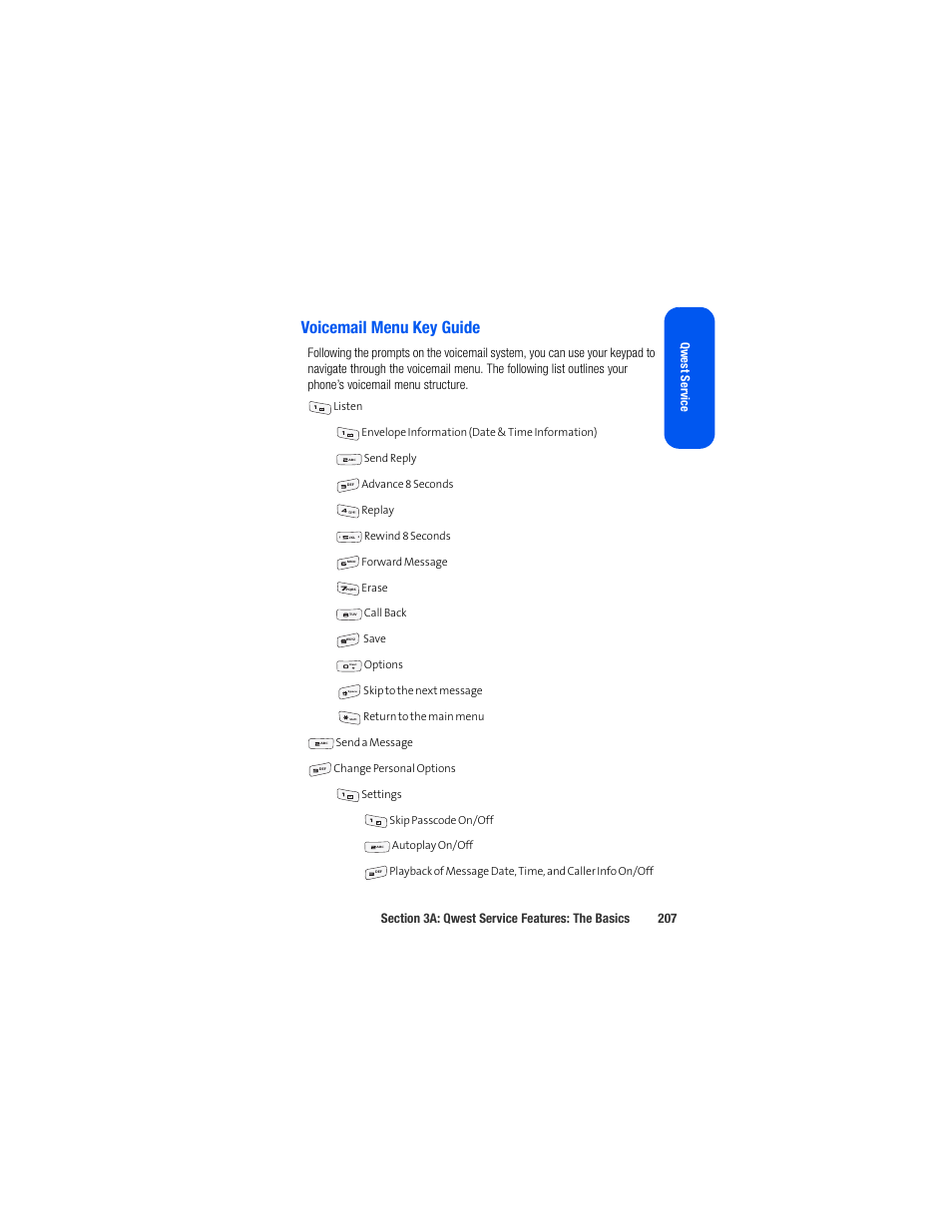 Voicemail menu key guide, Qwest ser vice | Samsung SPH-M520ZSAQST User Manual | Page 233 / 287