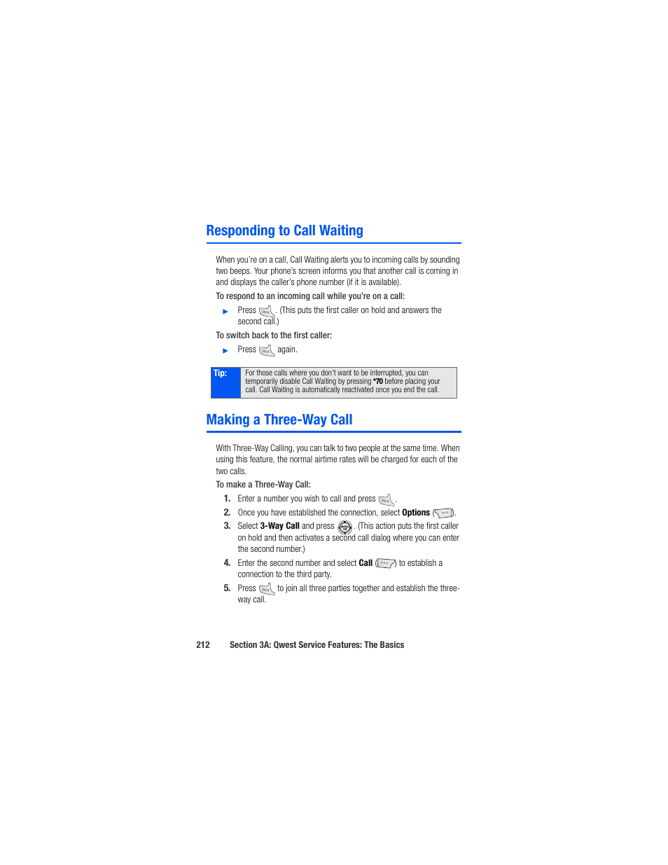 Responding to call waiting, Making a three-way call | Samsung SPH-M520ZSAQST User Manual | Page 238 / 287