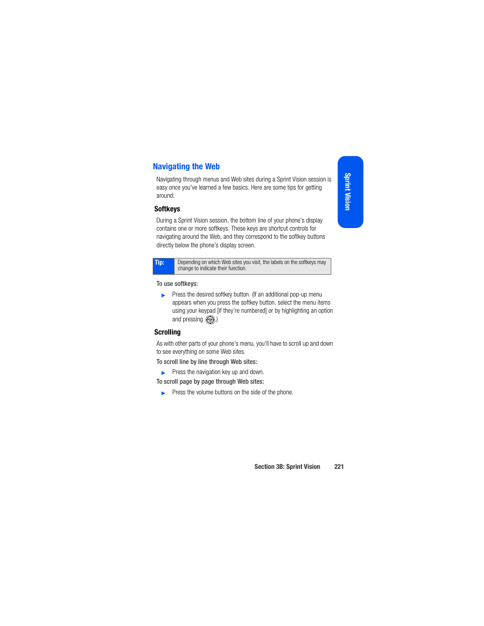 Navigating the web, Softkeys, Scrolling | Samsung SPH-M520ZSAQST User Manual | Page 247 / 287