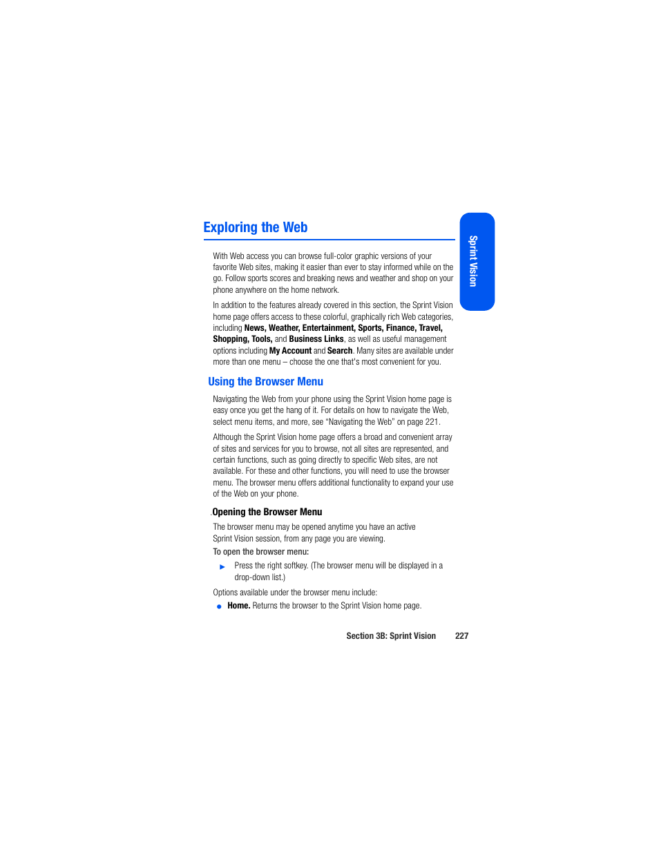 Exploring the web, Using the browser menu, Opening the browser menu | Samsung SPH-M520ZSAQST User Manual | Page 253 / 287