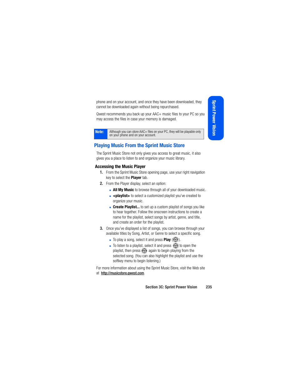 Playing music from the sprint music store, Accessing the music player | Samsung SPH-M520ZSAQST User Manual | Page 261 / 287