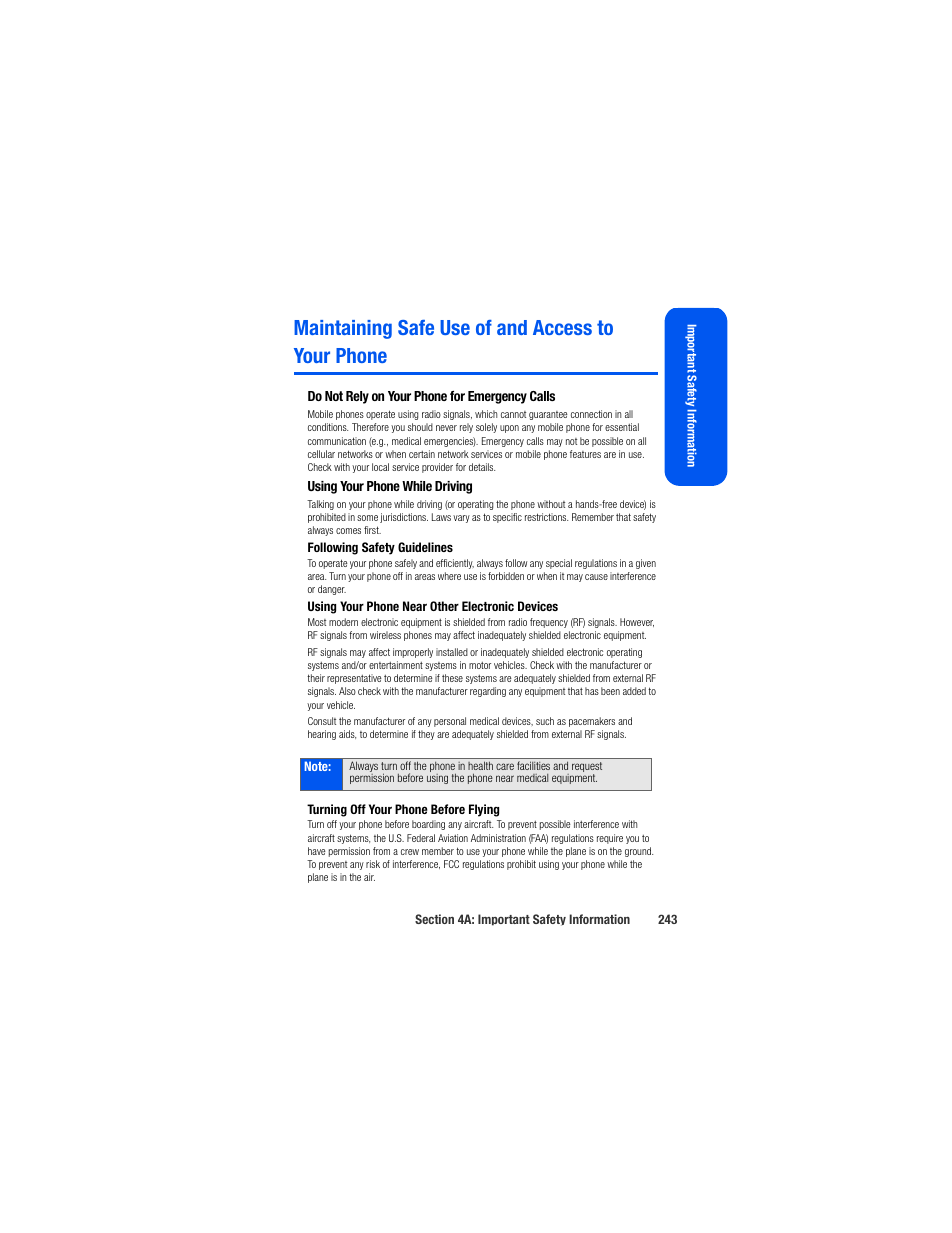 Maintaining safe use of and access to your phone | Samsung SPH-M520ZSAQST User Manual | Page 269 / 287