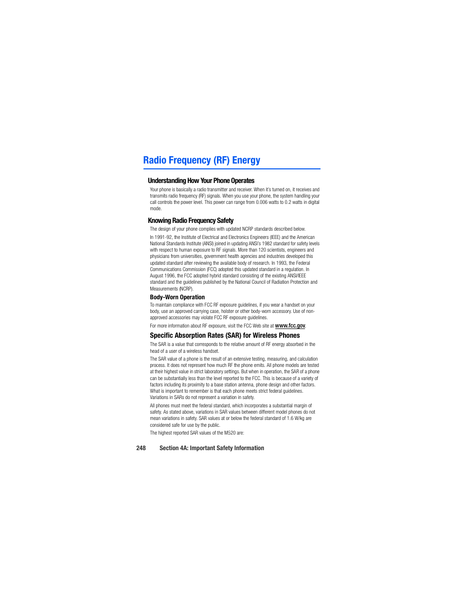 Radio frequency (rf) energy, Understanding how your phone operates, Knowing radio frequency safety | Samsung SPH-M520ZSAQST User Manual | Page 274 / 287