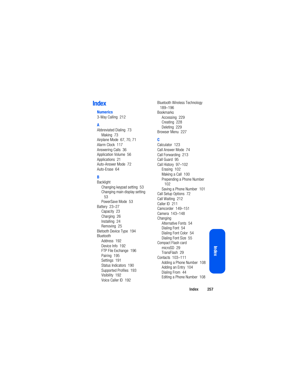 Index | Samsung SPH-M520ZSAQST User Manual | Page 283 / 287
