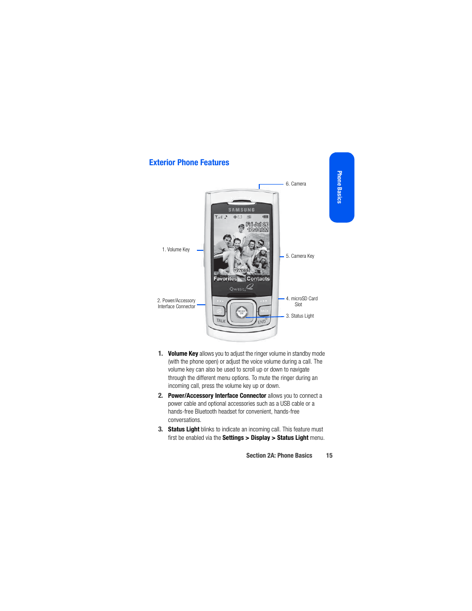 Exterior phone features | Samsung SPH-M520ZSAQST User Manual | Page 41 / 287