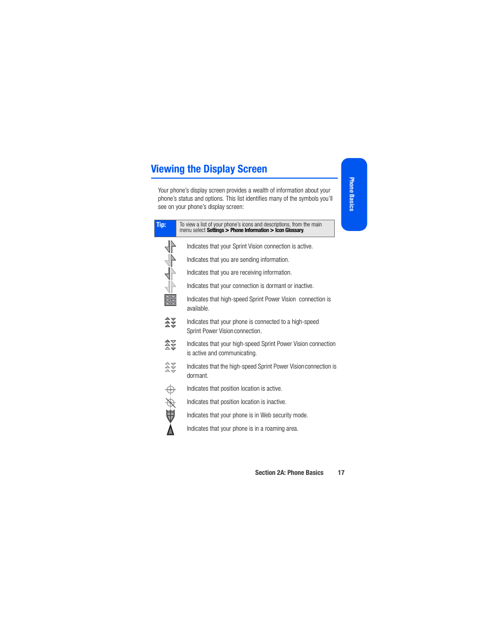 Viewing the display screen | Samsung SPH-M520ZSAQST User Manual | Page 43 / 287