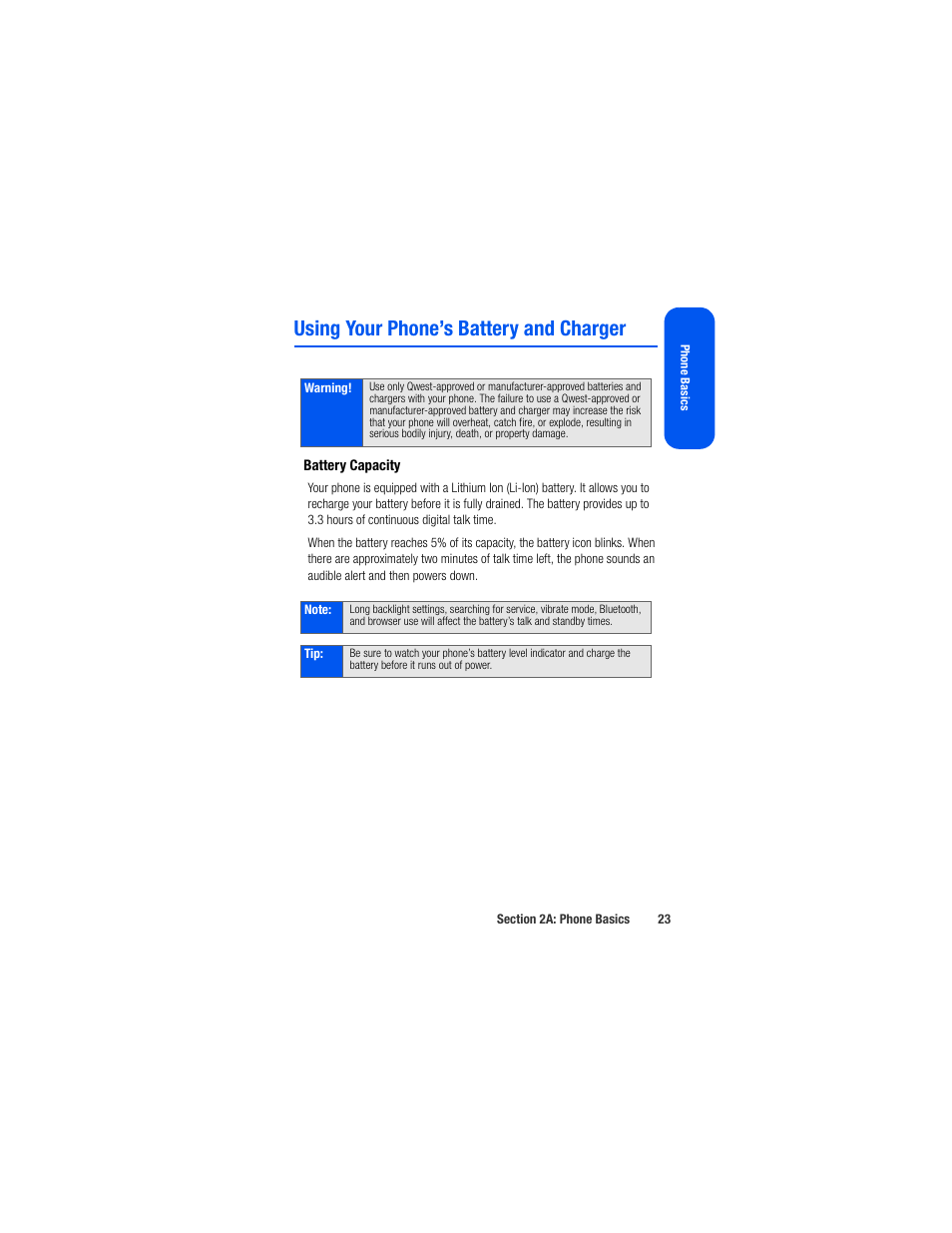 Using your phone’s battery and charger, Battery capacity | Samsung SPH-M520ZSAQST User Manual | Page 49 / 287