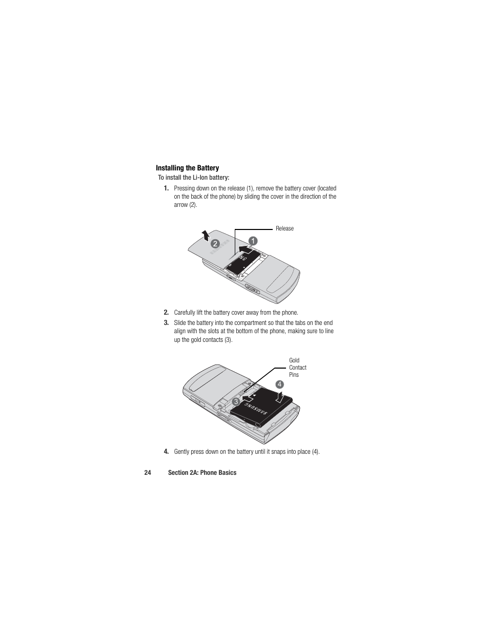 Installing the battery | Samsung SPH-M520ZSAQST User Manual | Page 50 / 287