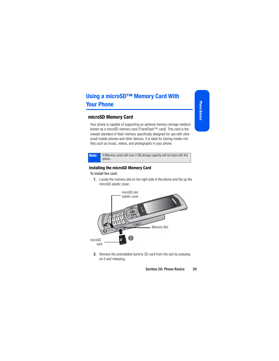 Using a microsd™ memory card with your phone, Microsd memory card, Installing the microsd memory card | Using a microsd memory card with your phone | Samsung SPH-M520ZSAQST User Manual | Page 55 / 287