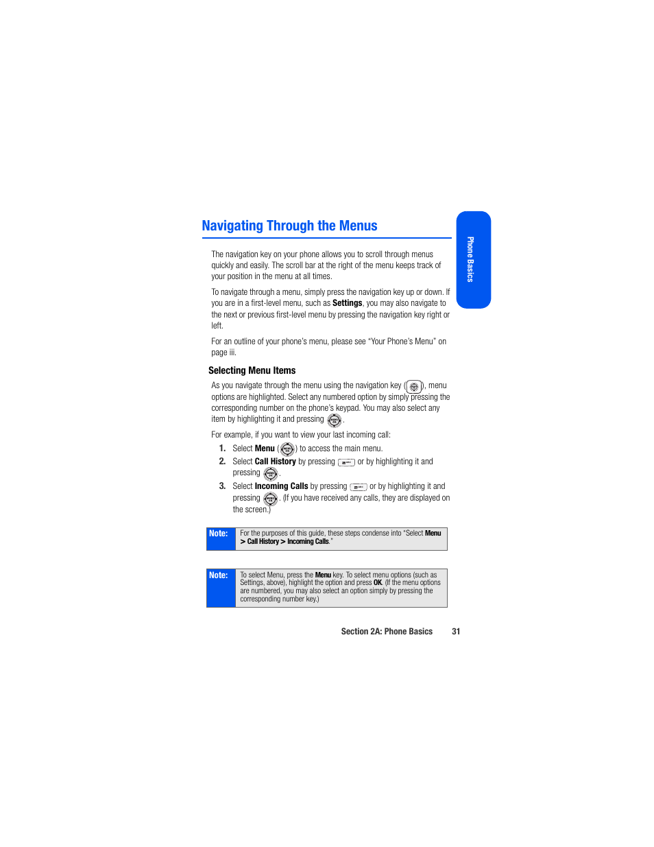 Navigating through the menus, Selecting menu items | Samsung SPH-M520ZSAQST User Manual | Page 57 / 287