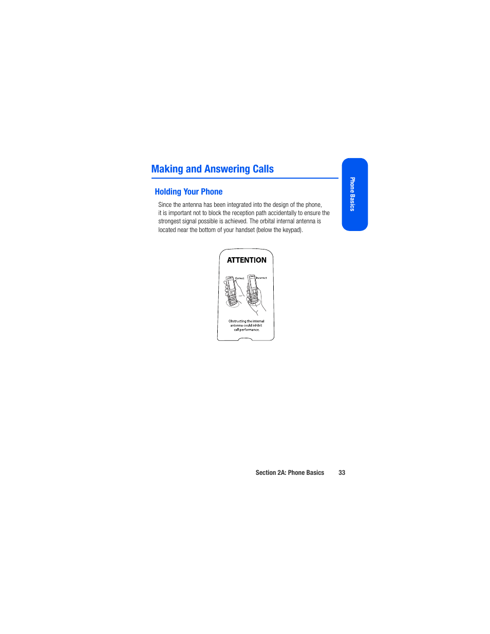 Making and answering calls, Holding your phone | Samsung SPH-M520ZSAQST User Manual | Page 59 / 287