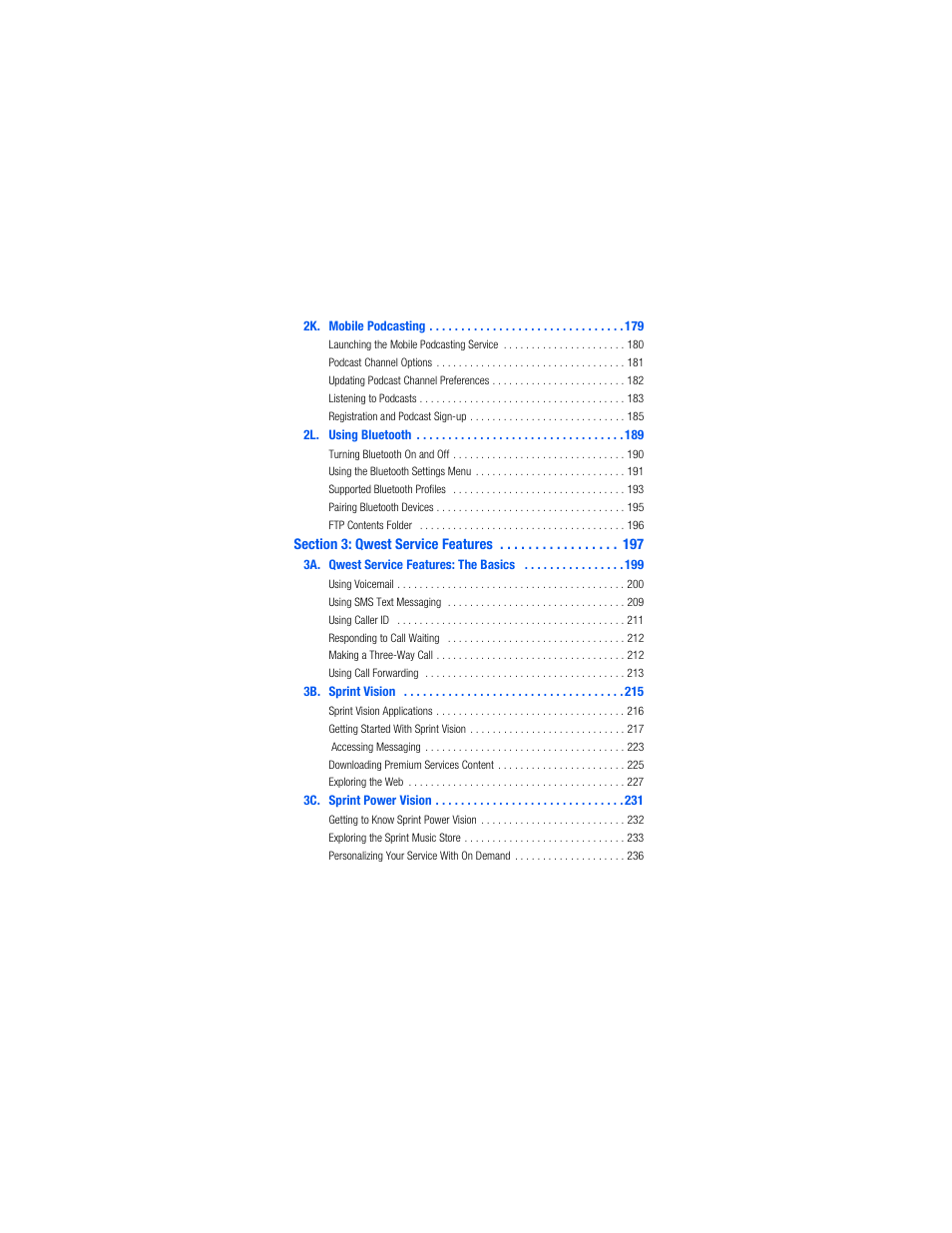 2k. mobile podcasting 179, 2l. using bluetooth 189, Section 3: qwest service features 197 | 3a. qwest service features: the basics 199, 3b. sprint vision 215, 3c. sprint power vision 231 | Samsung SPH-M520ZSAQST User Manual | Page 6 / 287