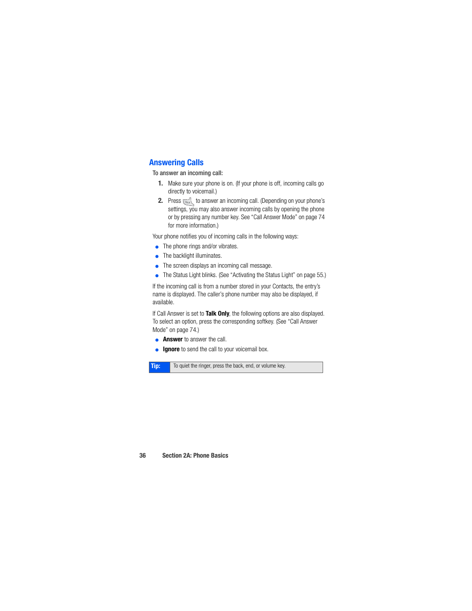 Answering calls | Samsung SPH-M520ZSAQST User Manual | Page 62 / 287