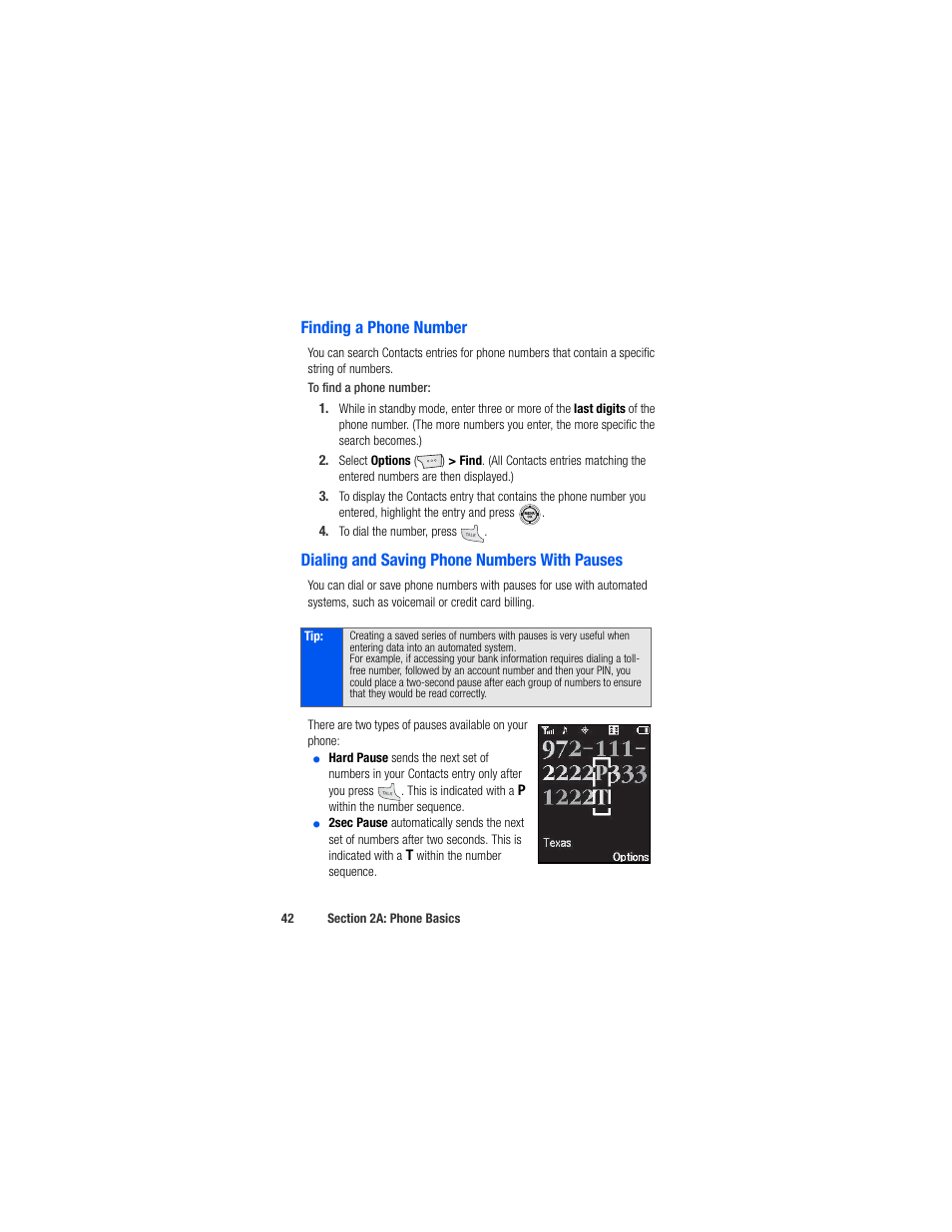 Finding a phone number, Dialing and saving phone numbers with pauses | Samsung SPH-M520ZSAQST User Manual | Page 68 / 287