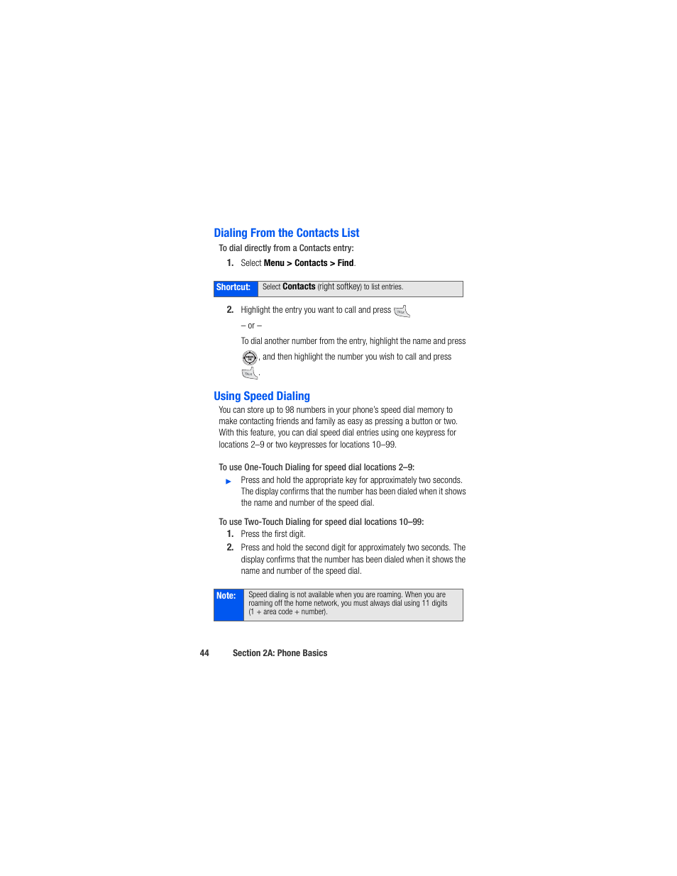 Dialing from the contacts list, Using speed dialing | Samsung SPH-M520ZSAQST User Manual | Page 70 / 287