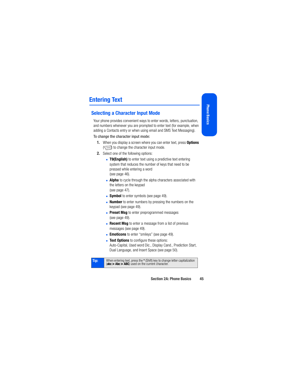 Entering text, Selecting a character input mode | Samsung SPH-M520ZSAQST User Manual | Page 71 / 287