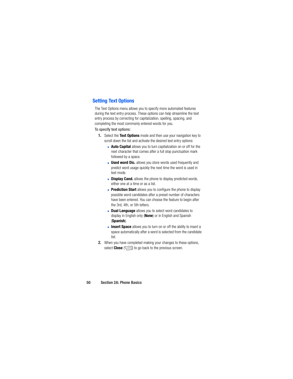 Setting text options | Samsung SPH-M520ZSAQST User Manual | Page 76 / 287