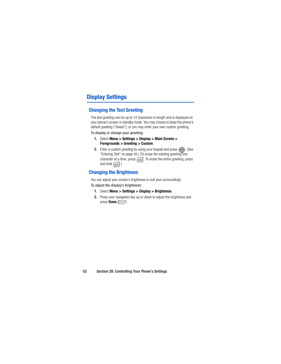 Display settings, Changing the text greeting, Changing the brightness | Samsung SPH-M520ZSAQST User Manual | Page 78 / 287