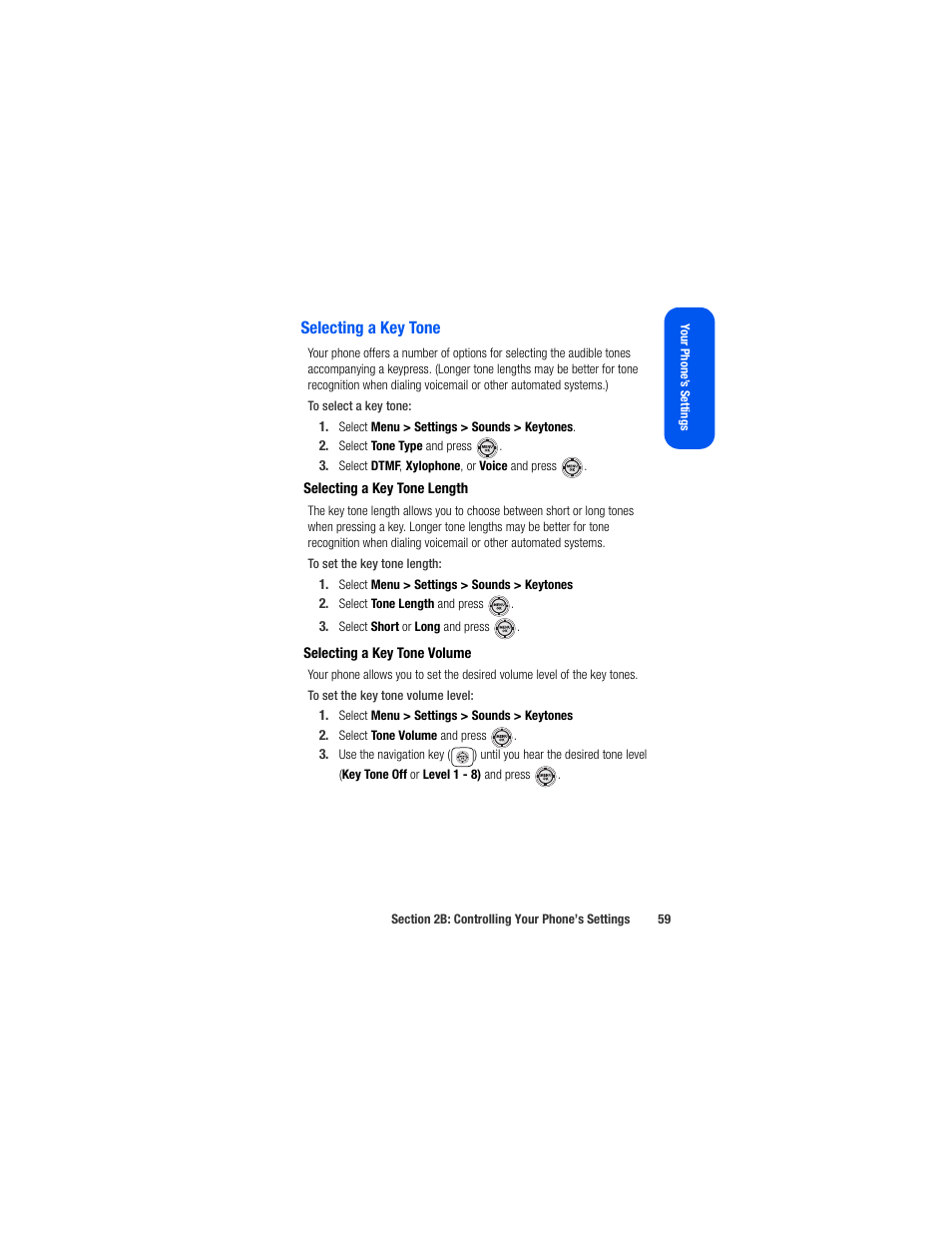 Selecting a key tone, Selecting a key tone length, Selecting a key tone volume | Samsung SPH-M520ZSAQST User Manual | Page 85 / 287