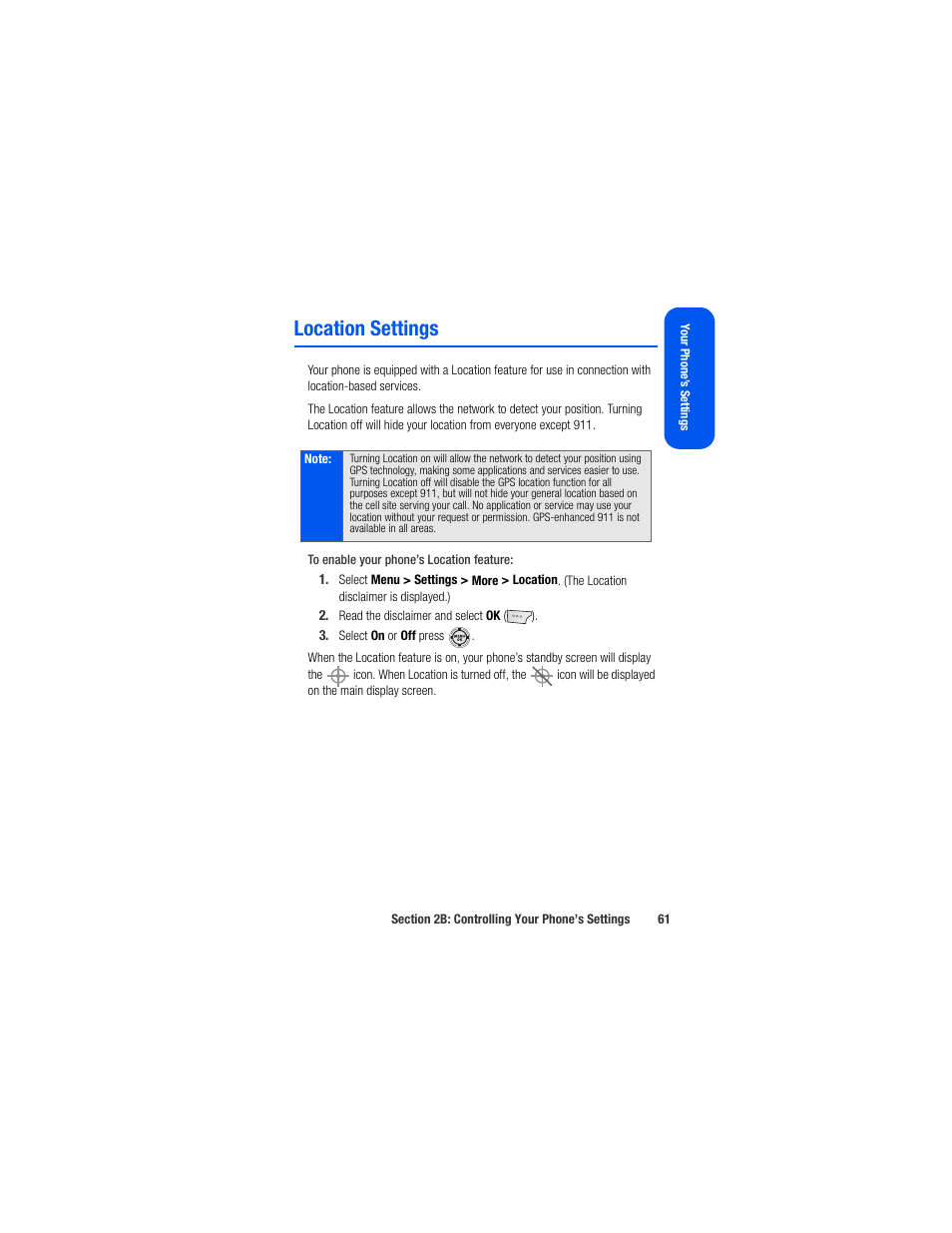 Location settings | Samsung SPH-M520ZSAQST User Manual | Page 87 / 287