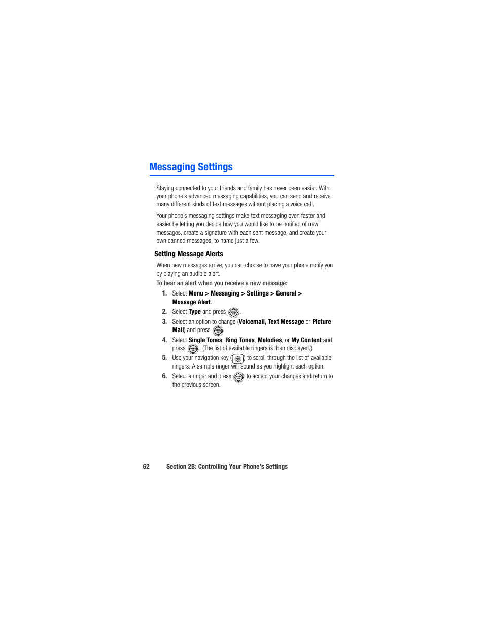 Messaging settings, Setting message alerts | Samsung SPH-M520ZSAQST User Manual | Page 88 / 287