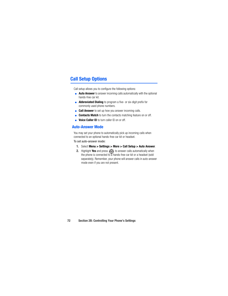 Call setup options, Auto-answer mode | Samsung SPH-M520ZSAQST User Manual | Page 98 / 287