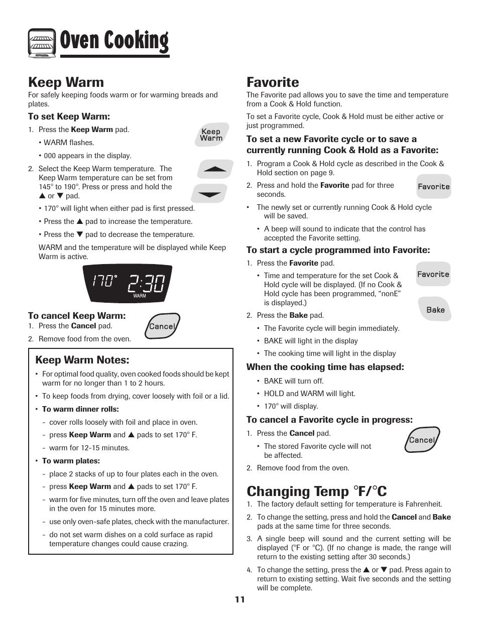Oven cooking, Keep warm, Changing temp | Favorite | Amana 8113P550-60 User Manual | Page 12 / 76