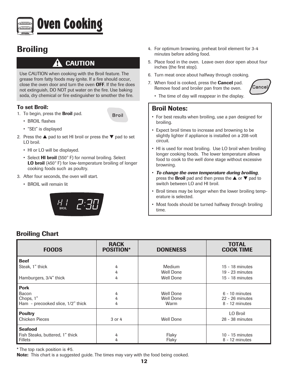 Oven cooking, Broiling, Broiling chart | Caution | Amana 8113P550-60 User Manual | Page 13 / 76
