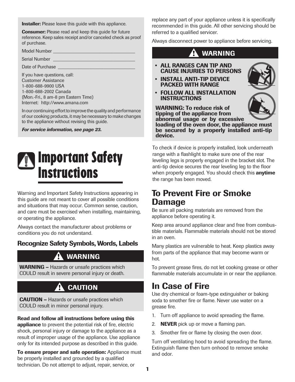 Important safety instructions | Amana 8113P550-60 User Manual | Page 2 / 76
