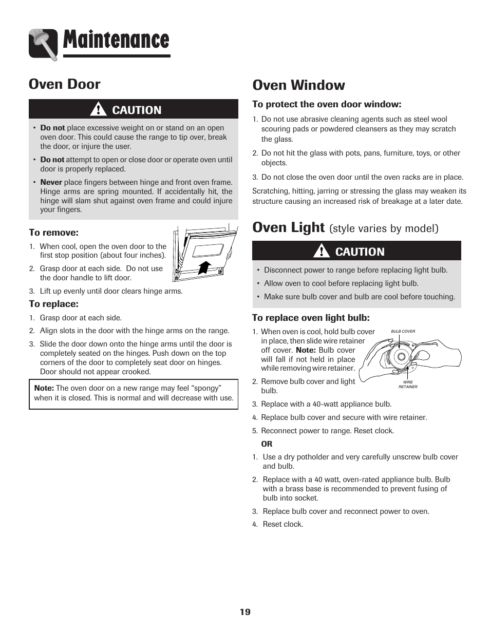Maintenance, Oven door, Oven window | Oven light, Caution, Style varies by model) | Amana 8113P550-60 User Manual | Page 20 / 76