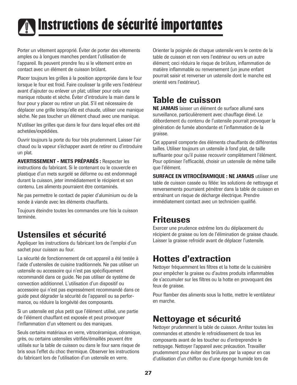 Instructions de sécurité importantes, Ustensiles et sécurité, Table de cuisson | Friteuses, Hottes d’extraction, Nettoyage et sécurité | Amana 8113P550-60 User Manual | Page 28 / 76