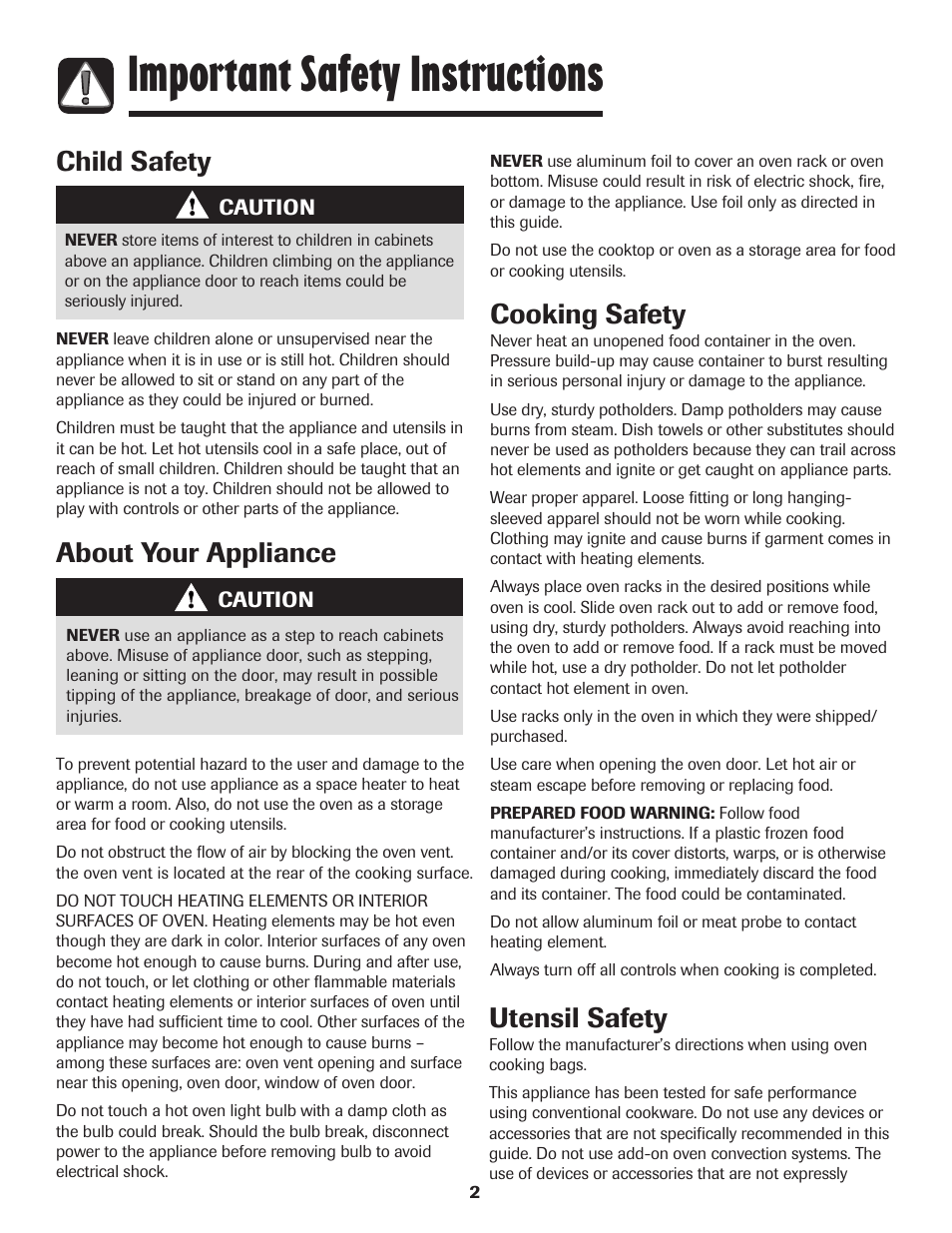 Important safety instructions, About your appliance, Cooking safety | Child safety utensil safety | Amana 8113P550-60 User Manual | Page 3 / 76