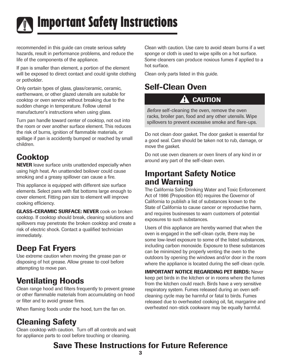 Important safety instructions, Self-clean oven, Important safety notice and warning | Cooktop, Deep fat fryers, Ventilating hoods, Cleaning safety, Save these instructions for future reference | Amana 8113P550-60 User Manual | Page 4 / 76
